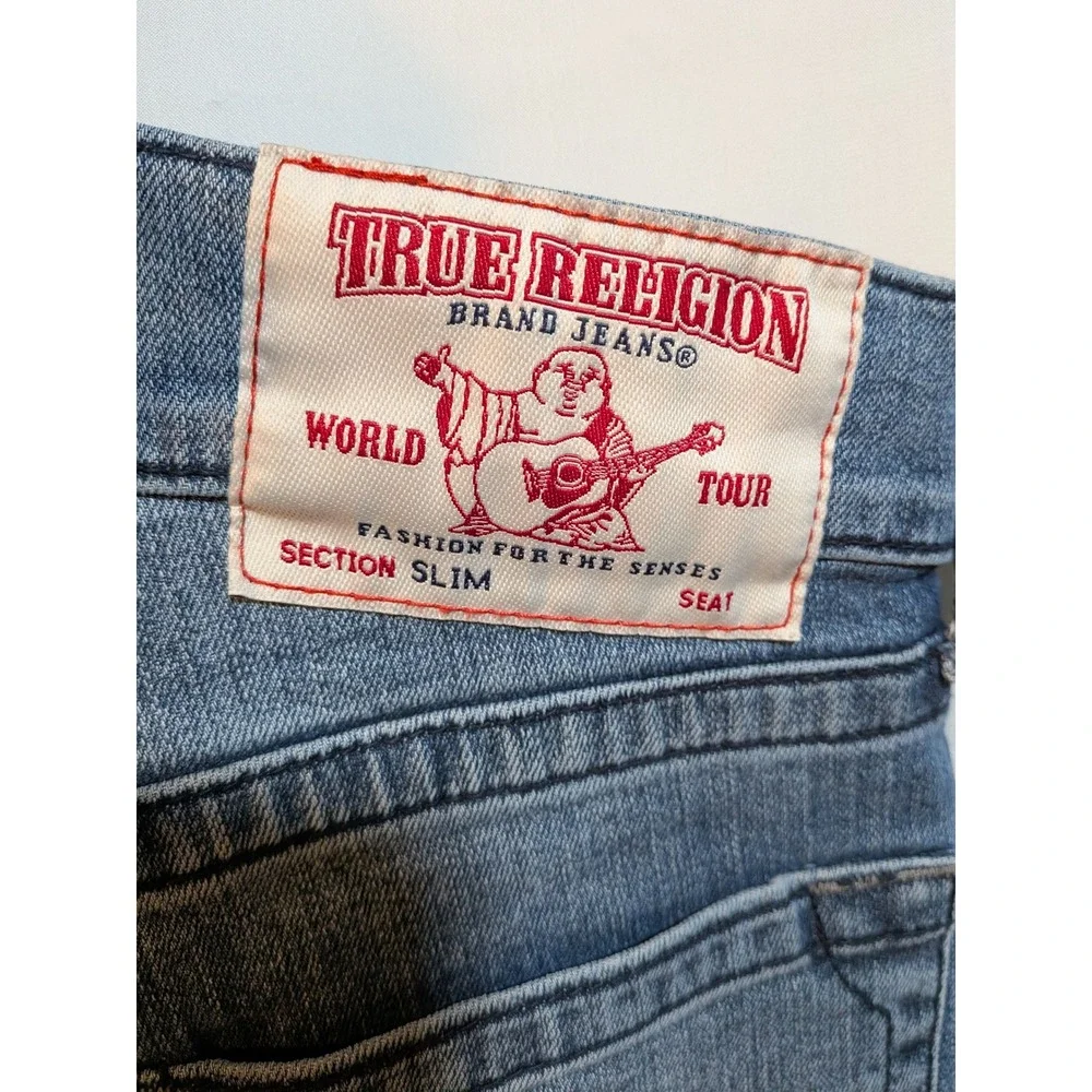 True Religion Men 35/33 Section Slim Fit Jeans Straight Leg‎ Med Blue Distressed